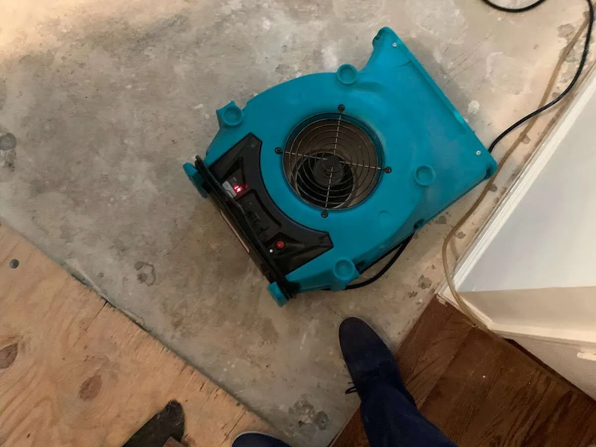 Air mover drying subfloor during Leak Detection & Repair in Manhattan